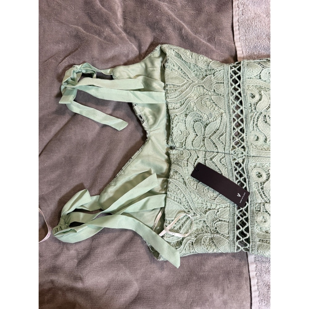 NWT Lulus SZ Medium Won Your Heart Sage Green Lace Tie-Strap High-Low Midi Dress - Picture 12 of 13